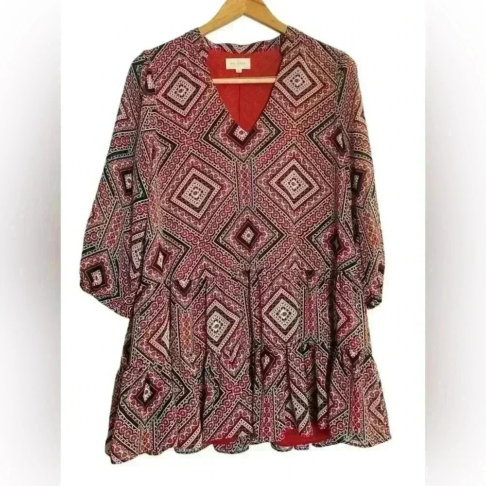Melloday Women’s Geometric Print Boho Tunic Mini‎ Dress 3/4 Sleeves Large Fall